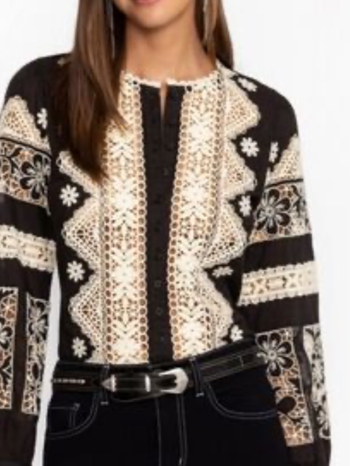 New Elegant Johnny Was Jade Black And Cream Blouse With Lace Detailing Size L